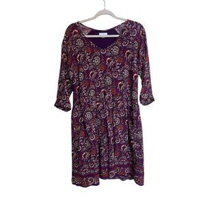 Garnet Hill Bohemian Purple Floral V-neck 3/4 Sleeve lined pockets‎ Dress Size 4